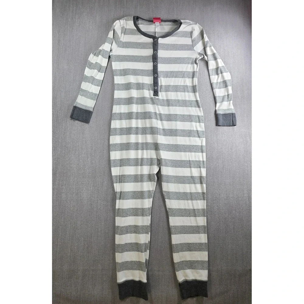 Wondershop One Piece Pajamas Women Large Grey White Striped Henley Union Suit‎